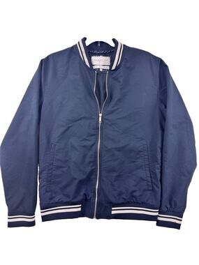 Denim & Flower Men’s Medium Navy Blue Bomber Jacket White Stripe Ribbed Trim